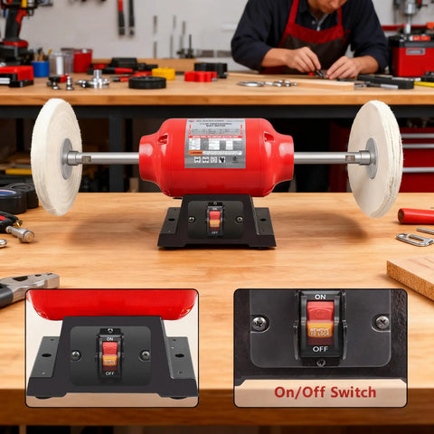 Heavy Duty Bench Buffer With Dual Eight Inch Buffing Wheels, High Speed Polishing Machine For Jewelry Metal Wood And Kitchen Knives, Badass Daily Grind Tool showing on/off switch and dual buffing wheels.
