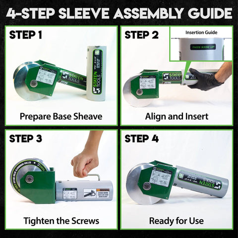 Feeding sheave adapter 441-3-1/2 in, green Staten Tools sleeve with disc, four-step assembly guide panels.