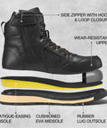 Steel Toe Work Boots For Men With Side Zipper, Water And Slip Resistant, showing layered sole design with rubber lug outsole.
