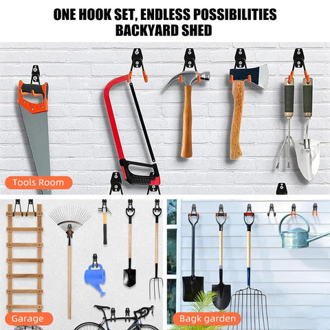 Garage wall with assorted tools hanging on black hooks. Includes saw, hammer, shovels, perfect for tool organization.
