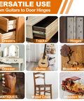 Premium Wood Lubricant Paste Wax That Unsticks Stubborn Drawers And Cabinet Slides By Cutting Friction From Antique Furniture Joints With Zero Residue Comes Ready With Application Brush And Work Gloves shown with wood drawers, tracks, and various wooden items.