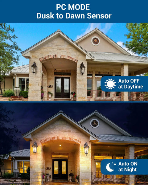Lit Outdoor Motion Sensor Wall Light With Dusk To Dawn Feature on house at day and night in dual image
