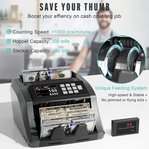 Cash Counting Machine With Bank Grade Counterfeit Detection UV MG IR DD, 3.5 Inch TFT Display, shown with US bills