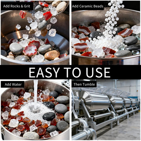 Four steps of using Eight Pound Ceramic Rock Tumbling Filler Media Pellets, 0.8 Cm Round White Tumbling Balls in rock tumblers
