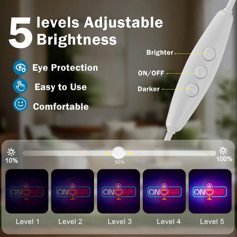 On Air Neon Sign For Wall Decor With Dimmable LED Light Bar showing 5 brightness levels and remote control