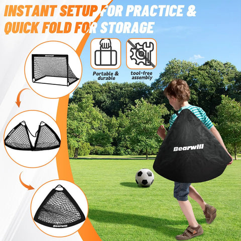 Child carrying bag with Two Pack 4x3ft Pop Up Kids Soccer Goals For Backyard Portable Soccer Nets Includes Ball Ladder Cones And Targets