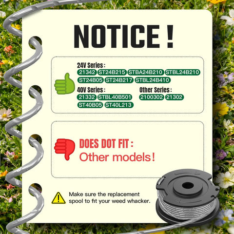 Notice for Auto Feed 0.065 Inch Trimmer String Spool Replacement compatibility with 24V, 40V, and other series models, not for others.
