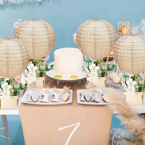 12 Sets Burlap Paper Lanterns and Wooden Centerpieces Kit for Baby Shower and Wedding Decor displayed on a table