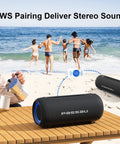 Beach scene with Passau portable Bluetooth speaker, TWS pairing, 40W peak power, deep bass, IPX5 water resistance, RGB lights.