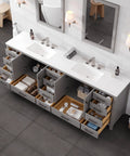 Top Shelf 96 Inch Gray Double Sink Bathroom Vanity With Durable Carrara Quartz Top And Undermount Porcelain Sinks Plus Flawless Brushed Nickel Hardware For Rapid Home Renovations, featuring open drawers and sinks.