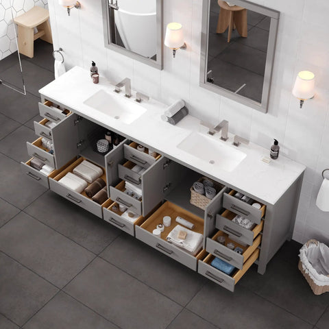 Top Shelf 96 Inch Gray Double Sink Bathroom Vanity With Durable Carrara Quartz Top And Undermount Porcelain Sinks Plus Flawless Brushed Nickel Hardware For Rapid Home Renovations, featuring open drawers and sinks.
