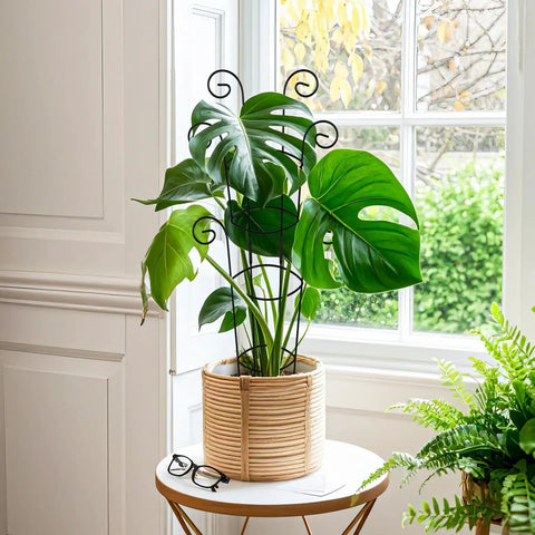 Indoor monstera plant supported by Four Pack 30 Inch Tall Metal Plant Trellis For Climbing Plants Indoor Dope Rustproof Garden Trellis