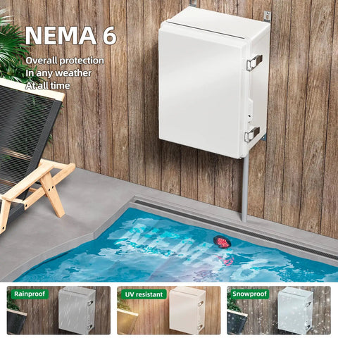 UL Listed Nema 6 Junction Box With Mounting Plate Heavy Duty Weatherproof Electrical Enclosure In Grey Fire Retardant Plastic Housing mounted near a pool.