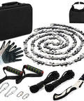 55 Inch Rope Saw Kit With 72 Teeth And 46 Feet Of Ropes For Camping And Survival, includes gloves, handles, chains, ropes, and case