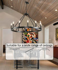 Top Tier 32 Inch Black Wagon Wheel Chandelier With 12 Lights Sleek Round Farmhouse Industrial Ceiling Light Fixture Easy Mount For High Ceilings living room setting.