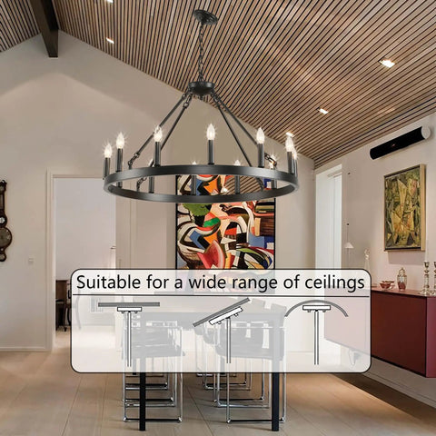 Top Tier 32 Inch Black Wagon Wheel Chandelier With 12 Lights Sleek Round Farmhouse Industrial Ceiling Light Fixture Easy Mount For High Ceilings living room setting.