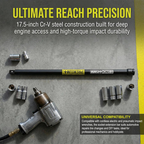 Beefy Half Inch Drive Impact Extension Bar, 17.5 Inch Long Socket Extension In Chrome Molybdenum Steel For Deep Holes And Narrow Spaces, Heavy-Duty Long Reach Tool For Automotive Maintenance, Mechanical Assembly, And Industrial Jobs mounted with impact wrench and sockets