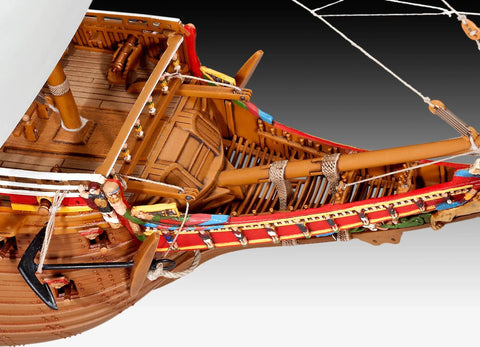 Close-up of Vasa 1628 Ship Model Kit 05414, 330 Piece Historical Wooden Craft Set showing colorful bow details.