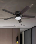 Hugger 52-Inch Matte Black Ceiling Fan With Bowl Light Kit Low Ceiling Friendly Dimmable Frosted Light 5-Blade Matte Black Finish