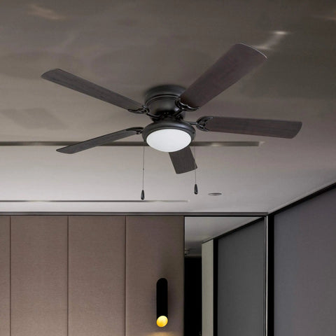 Hugger 52-Inch Matte Black Ceiling Fan With Bowl Light Kit Low Ceiling Friendly Dimmable Frosted Light 5-Blade Matte Black Finish