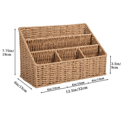 Rattan Desk Organizer With Five Slots Mail Holder And Caddy, Countertop Wicker Basket For Office Supplies with dimensions shown