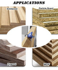Image showing applications for Heavy Duty Workhorse 4 Piece 45 Degree Chamfer Router Bit Set on solidwood, particle board, plywood, and MDF.