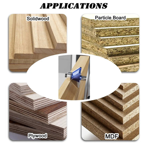 Image showing applications for Heavy Duty Workhorse 4 Piece 45 Degree Chamfer Router Bit Set on solidwood, particle board, plywood, and MDF.