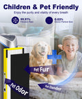 4 Pack Filter B Replacement For Guardian Air Purifier Models AC4825 showing filtration for pet odors, boy and dog in background