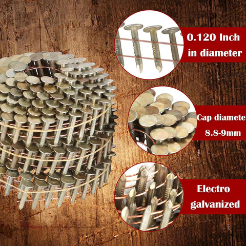 3600 Count Coil Roofing Nails Seven Eighths Inch Long With 0.120 Inch Diameter 15 Degree Round Head Wire Weld Collated Smooth Shank Electro Galvanized For Roofs Lathing And Sheathing Materials displayed with detail inserts.