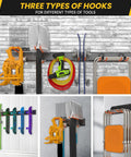 Garage Wall Mount Tool Organizer With Heavy Duty Hooks 48 Inch Steel Yard And Garden Tool Holder Holds Up To 450 Lbs installed view