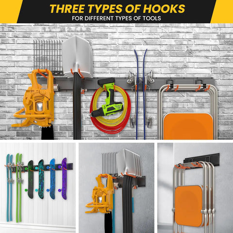 Garage Wall Mount Tool Organizer With Heavy Duty Hooks 48 Inch Steel Yard And Garden Tool Holder Holds Up To 450 Lbs installed view