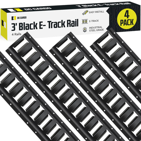Rock Solid E Track Tie Down Rail Kit Four Pack Three Foot Heavy Duty Steel Tracks Powder Coated Black E-track rails with easy install