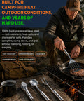 Man cooking over campfire using 12 Piece Camp Cooking Utensil Set With Portable Carry Case For Camping Hiking Travel And BBQ Grilling