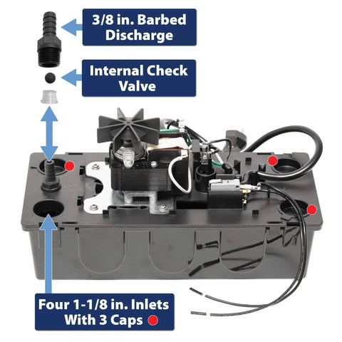 Automatic Condensate Pump With Safety Switch For HVAC And Dehumidifier, shown with barbed discharge and check valve.
