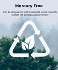 Mercury free symbol with recycling arrows and leaf design, promoting ecological disposal with Top Shelf SR621SW And 364 Watch Batteries Ten Pack 1.55V Silver Oxide Button Cells.