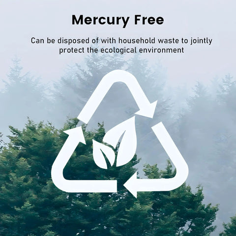 Mercury free symbol above trees, highlighting safe disposal for ecological protection in natural environment.