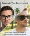 Heavy Duty Photochromic Safety Glasses With ANSI Z87 Approval, Light Adapting Lenses Handle UV400 And Blue Light Stress, Removable Side Shields For The Daily Grind And Shop Jobs, No Fuss TR90 Build worn by two men, one indoors and one outdoors.