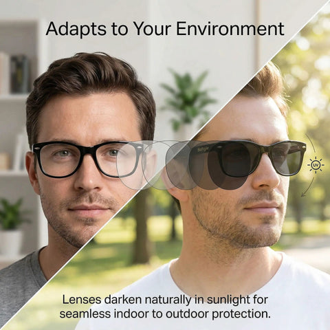 Heavy Duty Photochromic Safety Glasses With ANSI Z87 Approval, Light Adapting Lenses Handle UV400 And Blue Light Stress, Removable Side Shields For The Daily Grind And Shop Jobs, No Fuss TR90 Build worn by two men, one indoors and one outdoors.