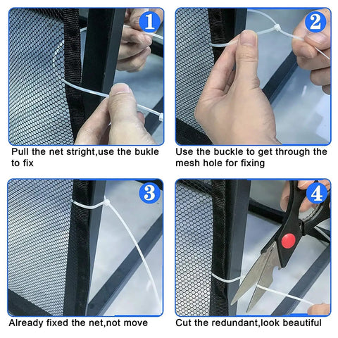 Step-by-step installation of Stairway Net Baby Safety Rail Banister Guard 15 Ft By 2.6 Ft with zip ties.