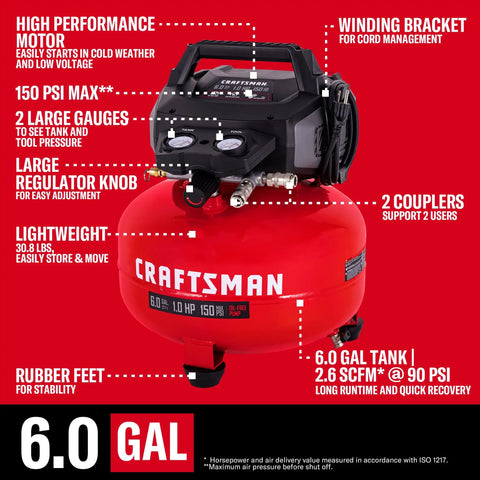 Craftsman 6 Gallon Oil Free Pancake Air Compressor delivering 150 PSI With 10 Piece Accessory Kit. This Reliable Compact Unit Features A One Horsepower Motor For Fast Recovery And Steady Airflow Perfect For Nailing Stapling And Inflation Around The