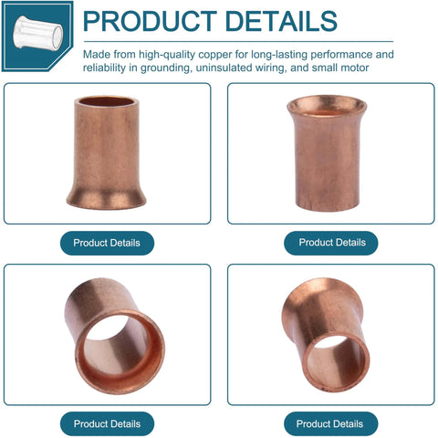 Your Go To Copper Crimp Sleeve Wire Connector For Solid And Stranded 10 To 18 AWG Wire, Vibration Resistant Permanent Connection For Branch Circuits And Small Motor Wiring, Pack Of 100, showing detailed views of copper connectors.