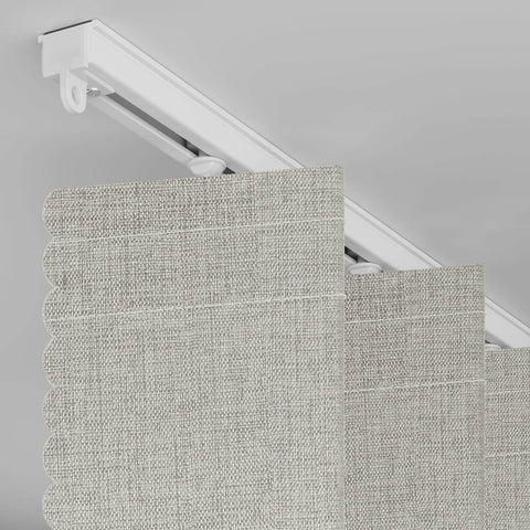 100 Percent Blackout Accordion Door Curtain For Sliding Glass Doors, cream white fabric, mounted on track, close-up view
