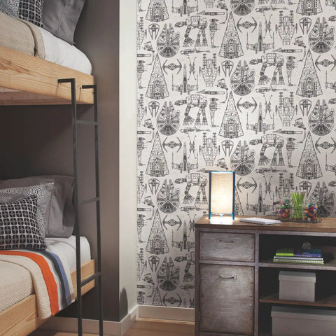 Room with Star Wars Blueprint Peel And Stick Wallpaper For Walls That Is Removable And Repositionable No Mess Washable And Strippable Thick Durable Material With A Clean Blue Print Leaves No Sticky Residue featuring black and white designs on wall behind bunk bed and desk.