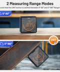 Built Tough Digital Angle Gauge And Bevel Finder with backlit screen showing 0.35° and 140.7° in different range modes.