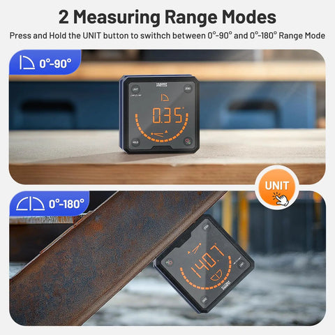Built Tough Digital Angle Gauge And Bevel Finder with backlit screen showing 0.35° and 140.7° in different range modes.