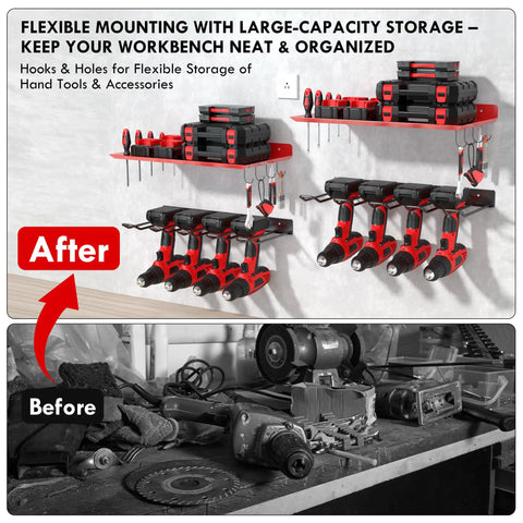Heavy Duty Wall Mount Power Tool Organizer Rack For Garage, Workshop And Shed That Holds Drills, Batteries, Cordless And Handheld Tools, And Accessories In A Steel Red Finish With 100 Lb Capacity And One Piece Design