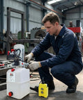 Technician installing Single Acting Hydraulic Pump And 6 Quart Power Unit Kit 12V DC 3200 PSI Workhorse in workshop