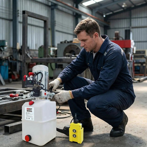 Technician installing Single Acting Hydraulic Pump And 6 Quart Power Unit Kit 12V DC 3200 PSI Workhorse in workshop