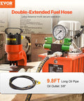 Front view of VEVOR hydraulic electric pump with gauge, orange base, green valve blocks, and hose.
