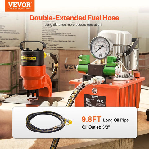 Front view of VEVOR hydraulic electric pump with gauge, orange base, green valve blocks, and hose.